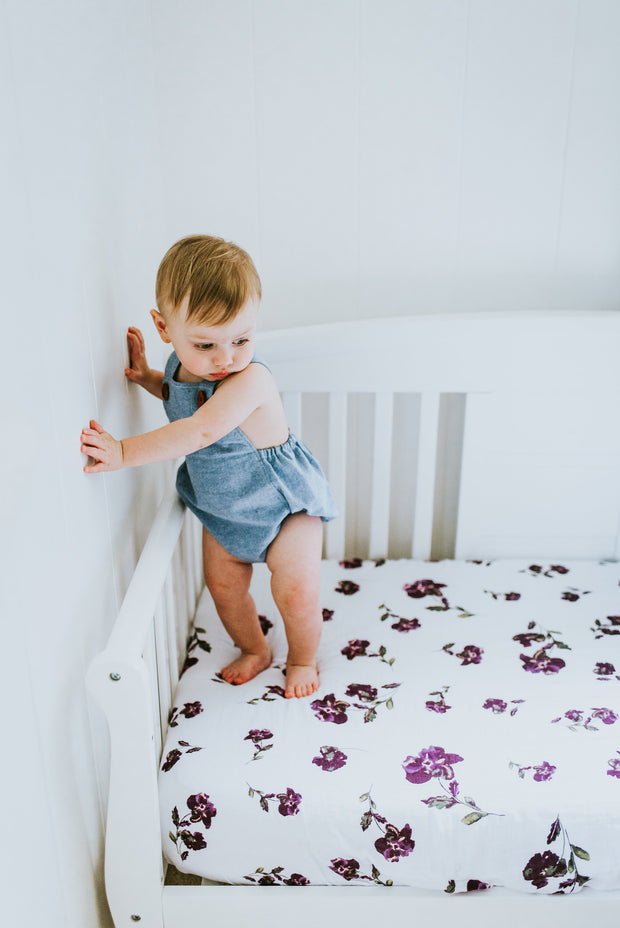 Muslin Cotton Fitted Crib Sheet - Purple Flower