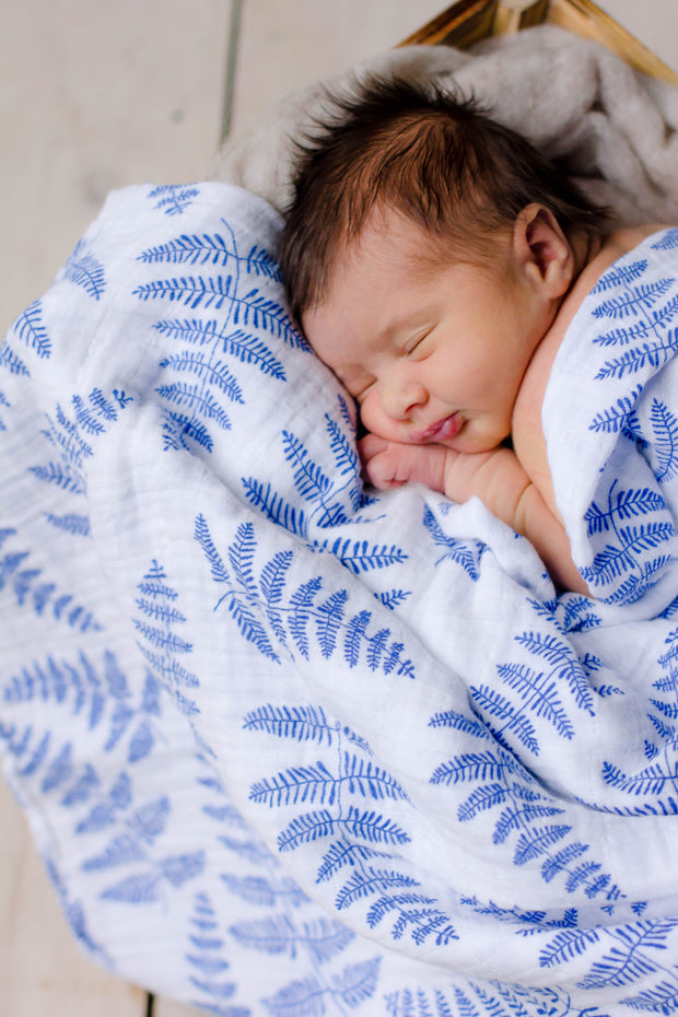 Organic Swaddle Blankets - Blue Fern & Green Feather