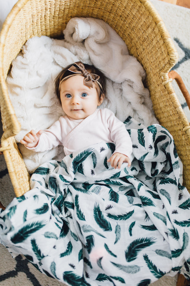 Organic Swaddle Blankets - Blue Fern & Green Feather